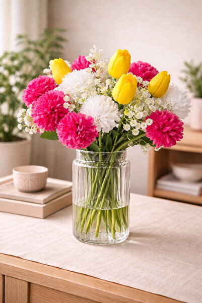 Mottogo Buchet de primăvară cu chipsuri – 5 lalele artificiale + 10 crizantem...