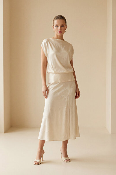 Setre Vanilla Full-Fit Comfortable Cut Mini Slit Detailed Midi Patterned Skirt