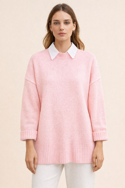 FERHEL Crew Neck Shirt Detailed Knitwear Sweater Oversize Comfortable Fit Dai...