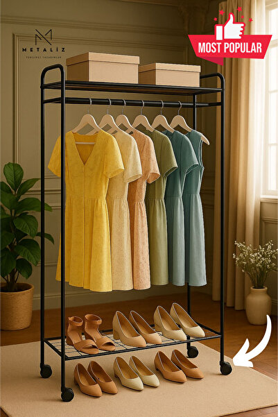 METALİZ YENİLİKÇİ TASARIMLAR Tekerli Modern Metal Elbise Askılığı - Katlı Raf...