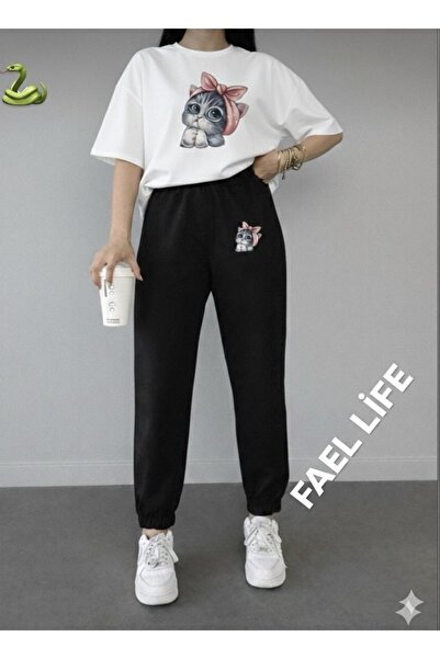 FAEL LİFE Girls'/Boys' Loose Fit T-Shirt and Sweatpants Cat Print Set