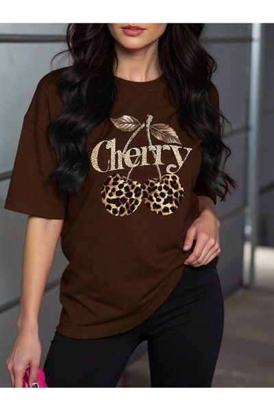 uyguntarz Unisex Leopard Patterned Cherry Printed Design Tshirt