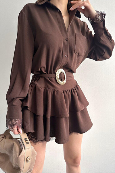 Noi Belis Lace Detailed Belted Mini Woven Dress Ss26El0003