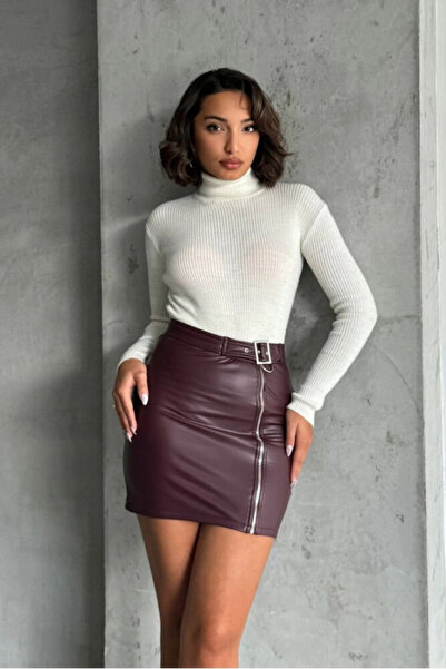 TOPSHOW Women's Faux Leather Mini Skirt, High Waist, Front Zipper, Decorative...