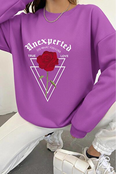 NO 601 Women's Purple Unexpected Printed Hoodless Crew Neck Sweatshirt
