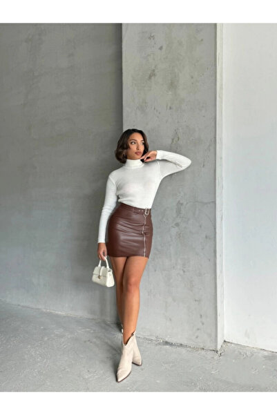 TOPSHOW Women's Faux Leather Mini Skirt, High Waist, Front Zipper, Decorative...