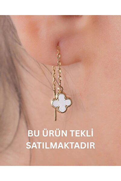 YCL JEWELLERY (TEKLİ) 14 Ayar Altın Beyaz Sallantılı Yonca Küpe
