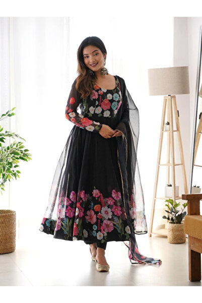 MYSMAR Black Organza Silk Gown - FFT6616 | Black