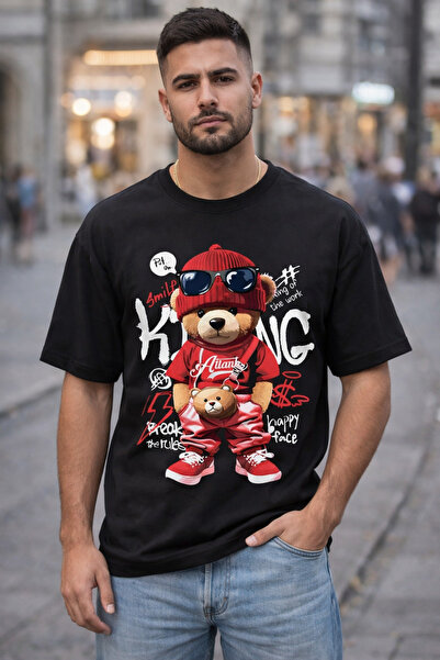 CONSTRAİN Unisex Oversize Μαύρο T-Shirt – Στυλ Street Style με στάμπα αρκούδα...