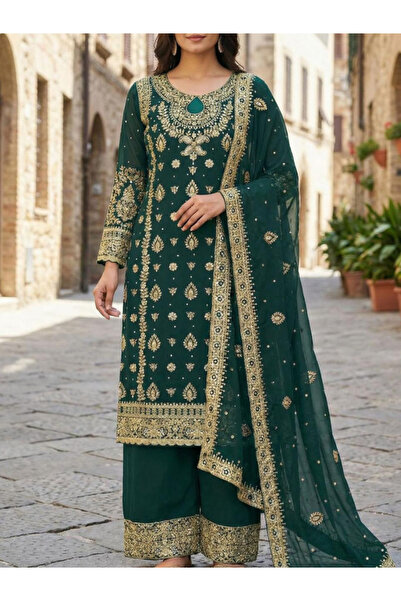 MYSMAR Green Faux Georgette Top Pent & Dupatta - HRT6711 | Green