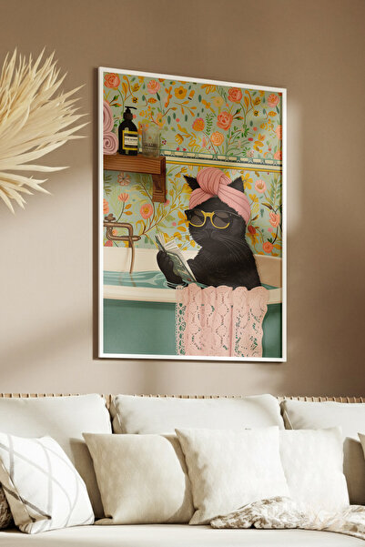 Yoko Home Ahşap Çerçeveli Tablo, Küvette Gazete Okuyan Kedi, Eğlenceli Modern Banyo, Oda, Ofis Duvar Tablosu