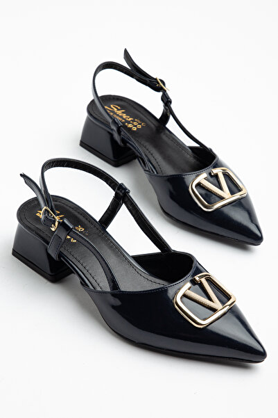 AYENDE MODA Navy Blue Pointed Toe Buckle Short Block Heeled Women's Shoes