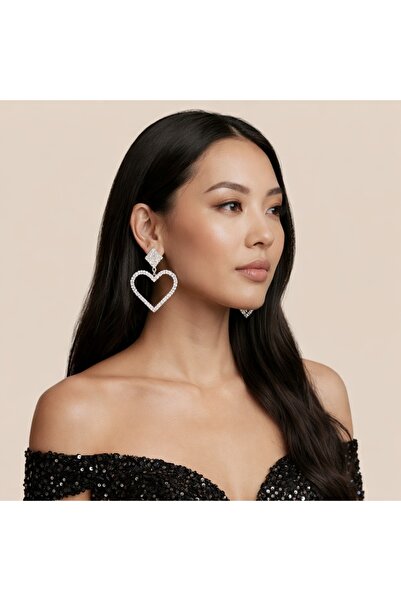GlassySKY Big Heart Model Evening Dress Stone-Studded Stylish Earrings