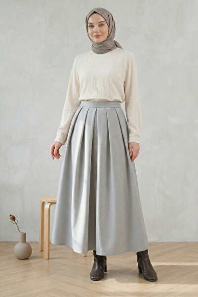 FERHEL Women's Pleated Hijab Skirt with Zipper Pockets - Light Gray