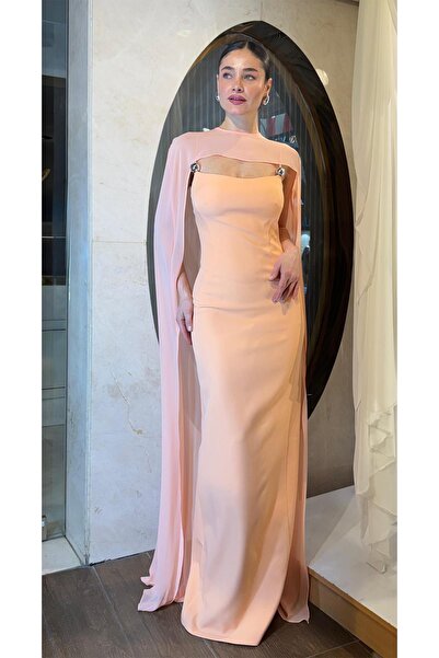 SpringStore Oranj Şifon Pelerinli Krep Abiye