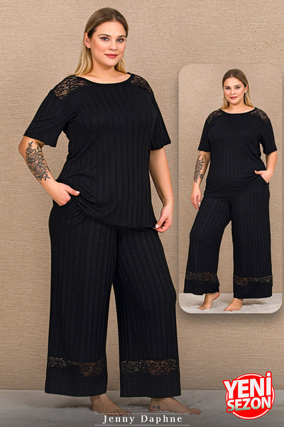 Jenny Daphne Plus Size Black Shoulder and Leg Lace Detailed Short Sleeve Long...