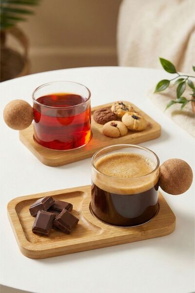 HUBBYCHEF 6'lı Bambu Tabaklı Espresso Kahve Bardağı Takımı