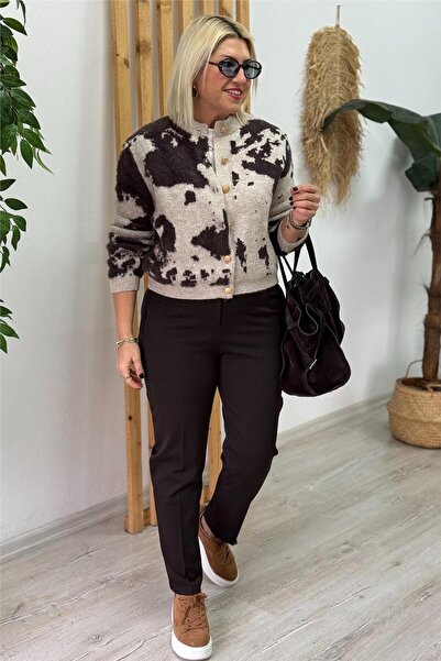 By Esra Celkan Brown Waist-Stitched Slim Fit Lycra Trousers