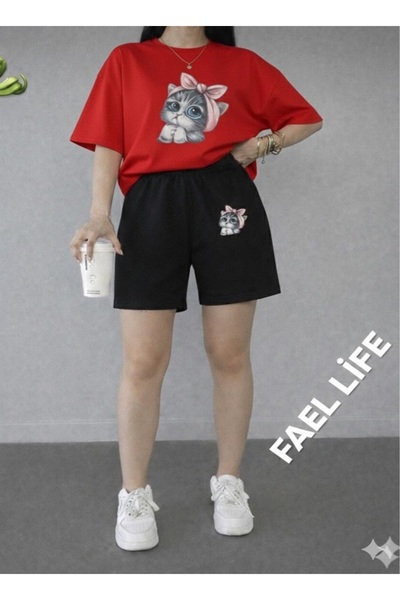 FAEL LİFE Girls'/Boys' Loose Fit T-Shirt and Shorts Cat Printed Set