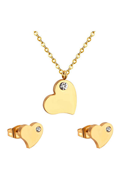 EFAYN.RO Set lantic auriu, pandantiv inimioara cu cristal, cercei forma inima...