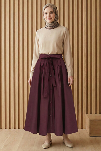 FERHEL Women's Front Buttoned Lace-Up Parachute Fabric Hijab Skirt - Plum