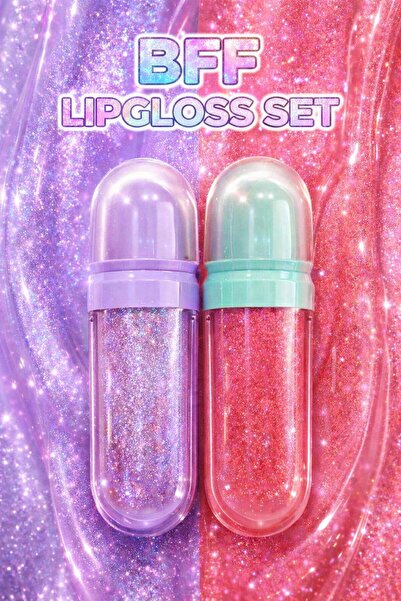 NUNUKO 2'li Simli Pembe ve Mor BFF Lip Gloss Seti - 2'li Simli Pembe ve Mor D...