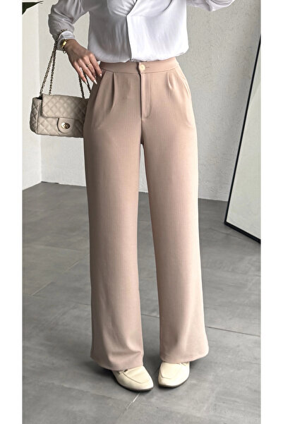 asfamoda Women's Cream High Waist Pleated Jacquard Trousers Wide Leg Stylish ...