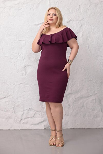 Madwilo Women's Purple Shoulder Detail Ruffle Collar Stretchy Plus Size Dress