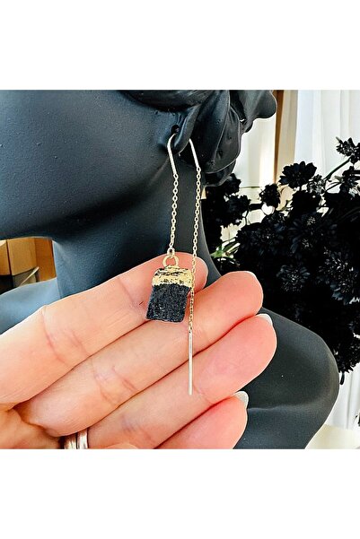 Ezera Elegant Long Drop Earrings Elara with Raw Black Tourmaline Plated with ...