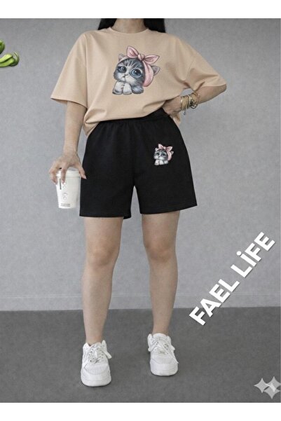 FAEL LİFE Girls'/Boys' Loose Fit T-Shirt and Shorts Cat Printed Set