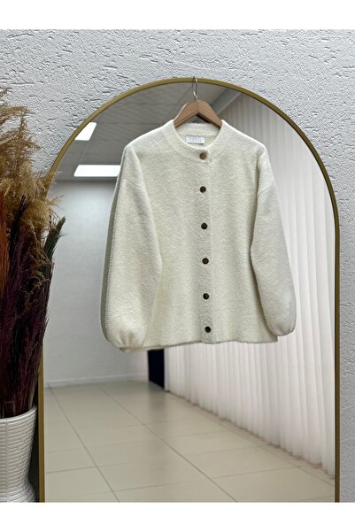 MİHRA STORE Arin Crew Neck Gold Buttoned Cardigan-Mf8596 White