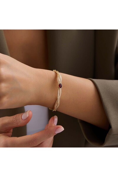 Bayar Gold 14 Ayar Altın Garnet Taşlı İtalyan Esnek Bilezik