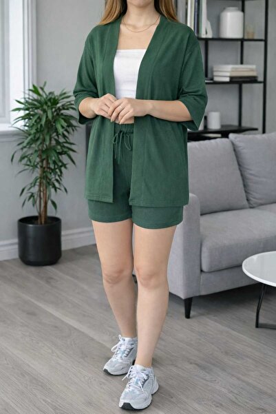 BRLKN Women's Wrinkled Kimono Shorts Top and Bottom Set