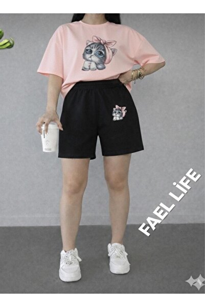 FAEL LİFE Girls'/Boys' Loose Fit T-Shirt and Shorts Cat Printed Set