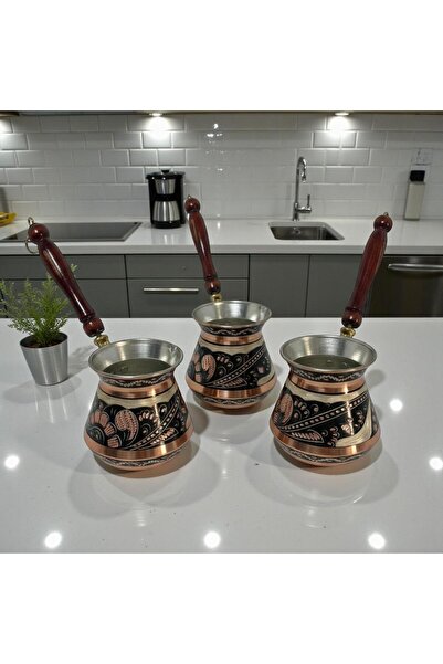 Yardımcı Bakır Since 1997 Copper 3-Piece Enamel-Engraved Corner Coffee Pot