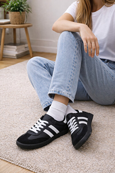 MİSSWEMODASHOES حذاء رياضي أسود للجنسين برباط ونعل مسطح