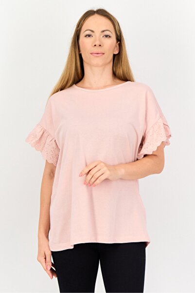 Amara Reya Women Crew Neck Bell Sleeve Plain T-Shirt, Pale Rose