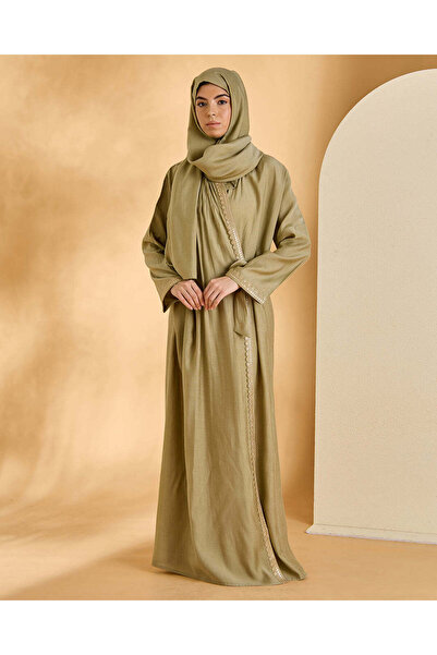 REDTAG فستان صلاة نسائي أخضر اللون برباط جانبي، مزين بالكامل من دانتيل والوشا...