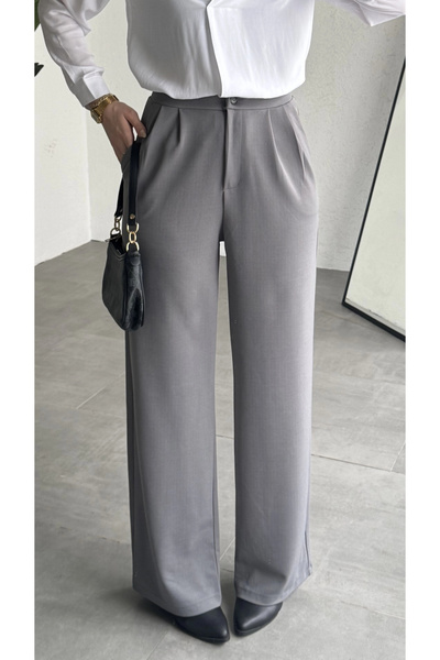 asfamoda Women's Gray High Waist Pleated Jacquard Trousers Wide Leg Stylish O...