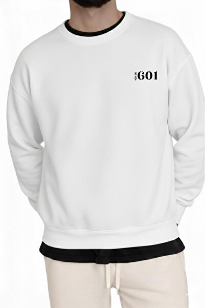 NO 601 Men's White Crew Neck Printed Sweat