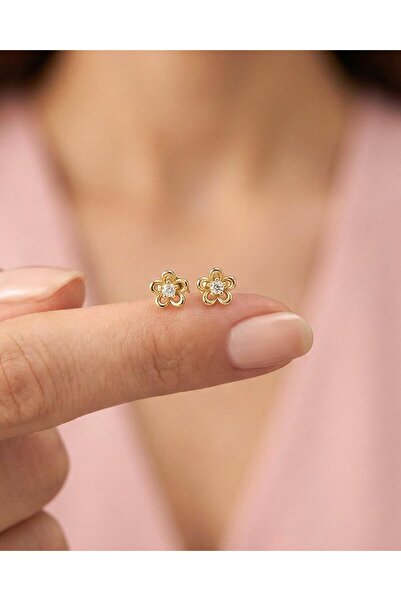 İNDİGO TAKI Minik Çiçek Tek Taş 14 Ayar Altın Küpe