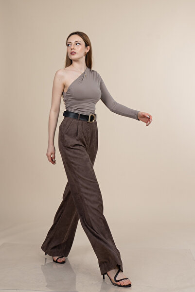 MissVina Fine Textured Velvet Suede Wide Leg Trousers