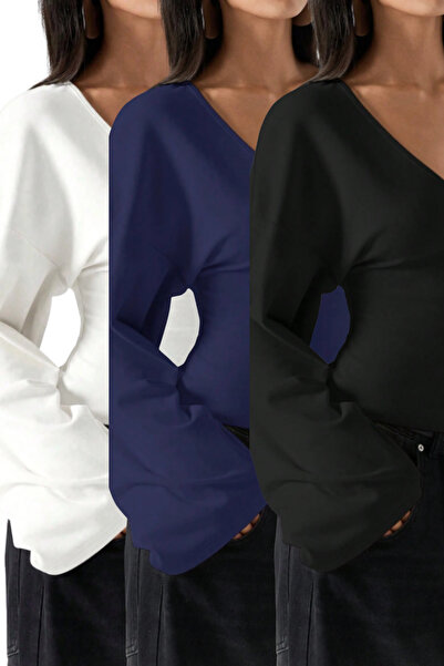 Tarz Cool Women's 3-Pack V-Neck Long Sleeve Waist-Fitted Blouse