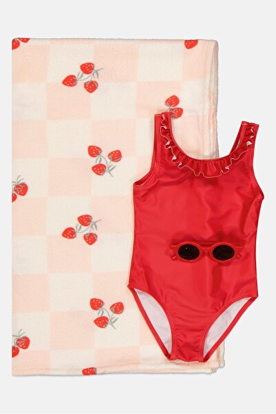 L&J Swim Club Toddlers Girl 3 Pcs Solid Swimsuit And Towel With Sunglasses Se...