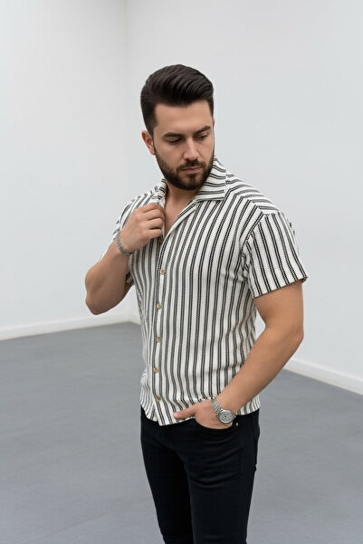NERA GİYİM Men's Striped Short Sleeve Jacquard Shirt