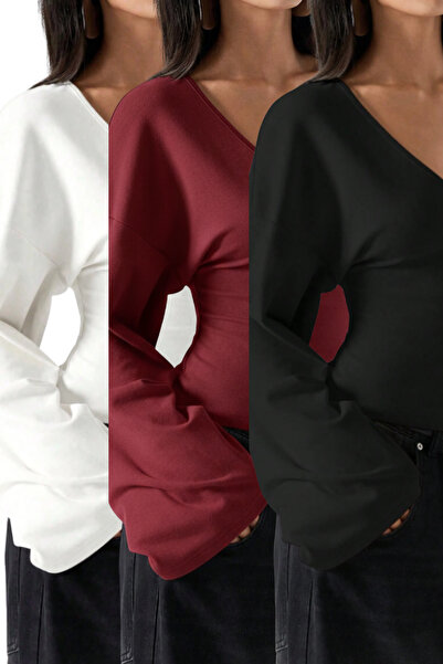 Tarz Cool Дамска блуза с V-образно деколте, дълги ръкави и прилепваща талия, ...