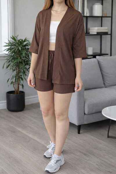 BRLKN Women's Wrinkled Kimono Shorts Top and Bottom Set