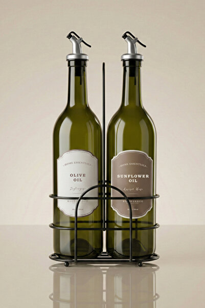 Kloppenhug Set of 2 Glass Oil Bottles with Metal Stand 750ml - Non-Drip Olive...
