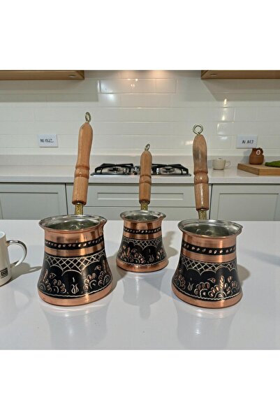 Yardımcı Bakır Since 1997 Copper 3-Piece Enamel-Engraved Classic Coffee Pot