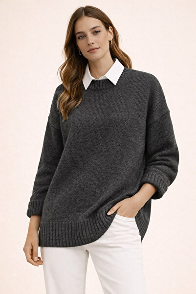 FERHEL Crew Neck Shirt Detailed Knitwear Sweater Oversize Comfortable Fit Dai...